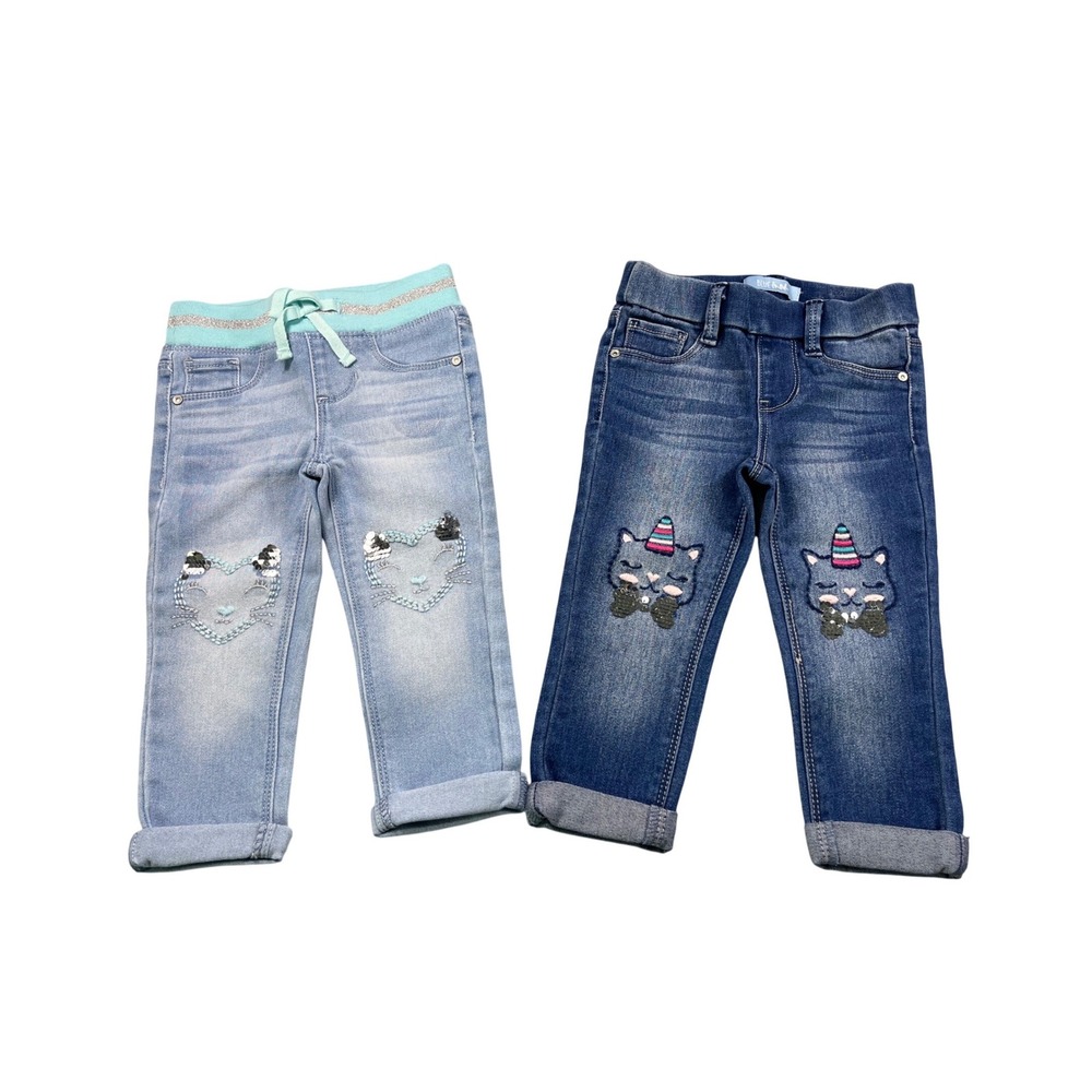 Blue Ink Toddler Girls Jeans Lot Size 2T Cat Sequin Embroidered Denim Bundle